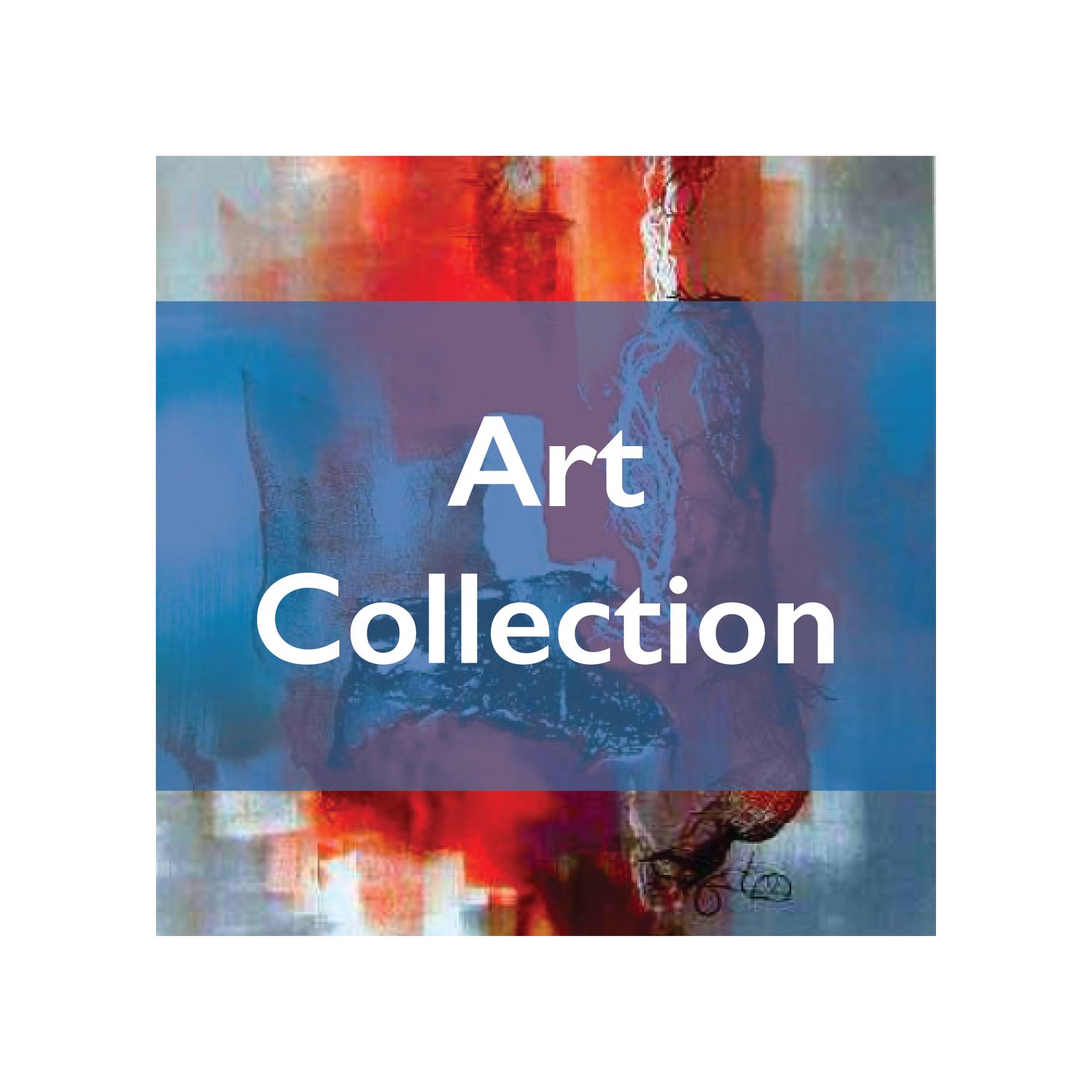 abstract painting with blue bar over center with white text that reads "art collection"